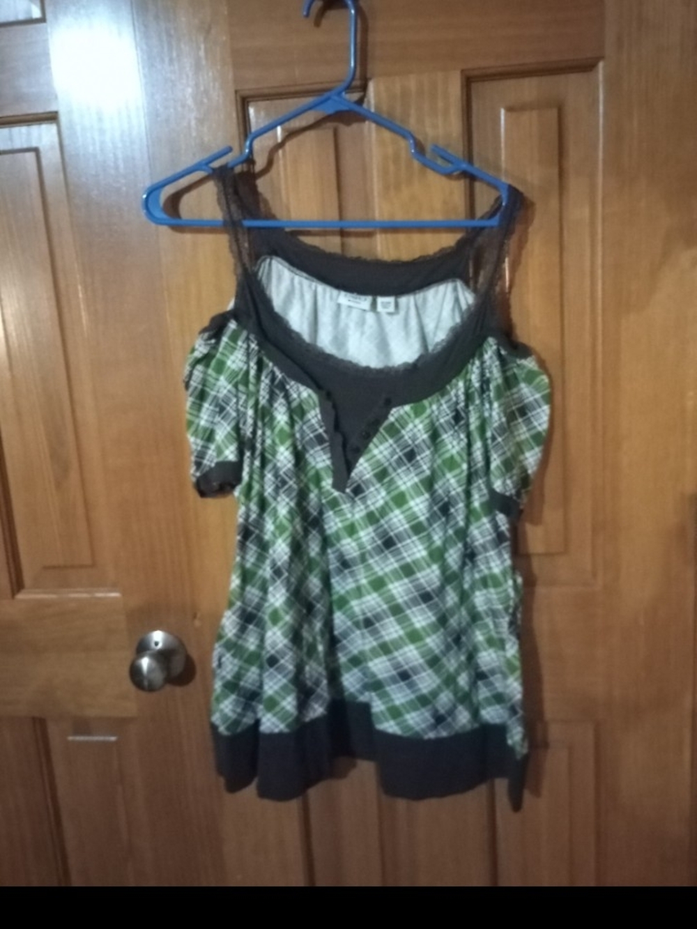 Cato Green and Black Plaid Off-Shoulder Camisole